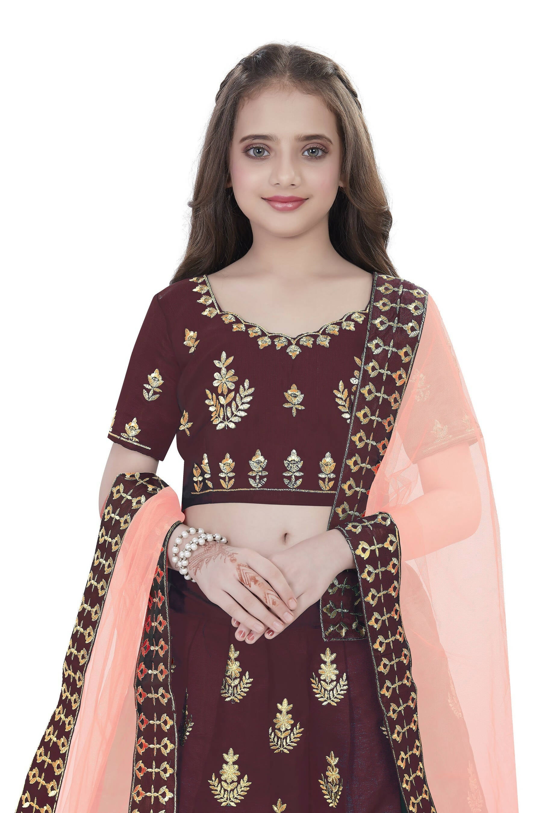 Dwiden Maroon Kamal Tafetta Sattin Semi-Stitched Girl's Lehenga Choli
