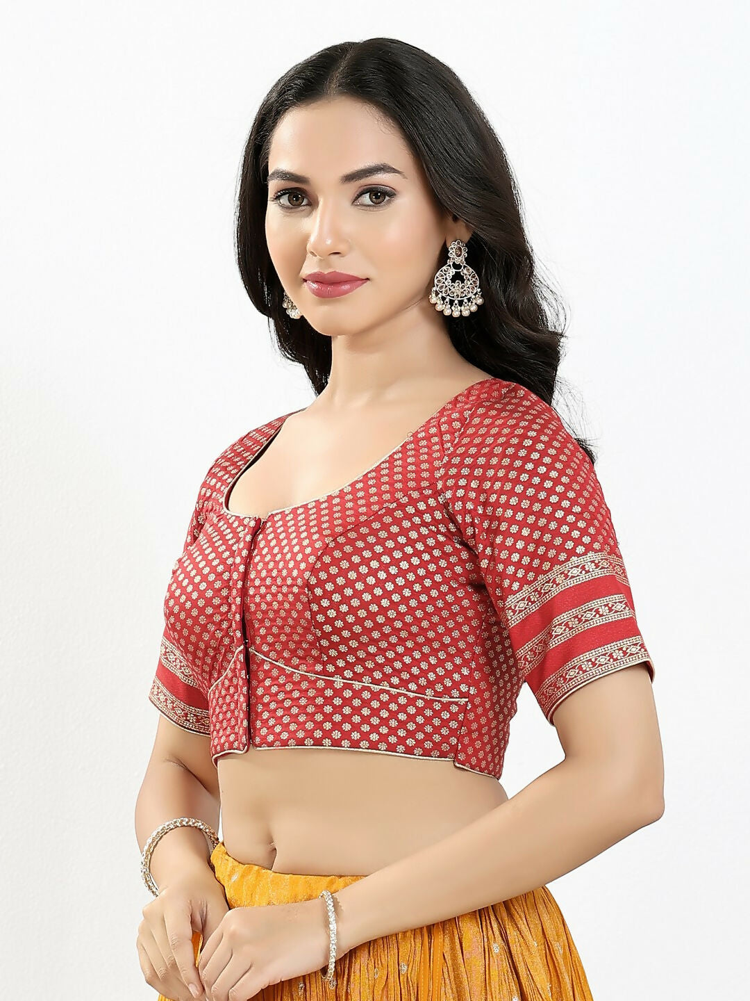 Joban Fashion Maroon Brocade Padded Blouse With Round Neck Elbow Sleeves - Distacart