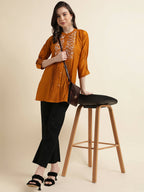 Mustard Chinon Yoke Embroidered A-line Top - Tarini