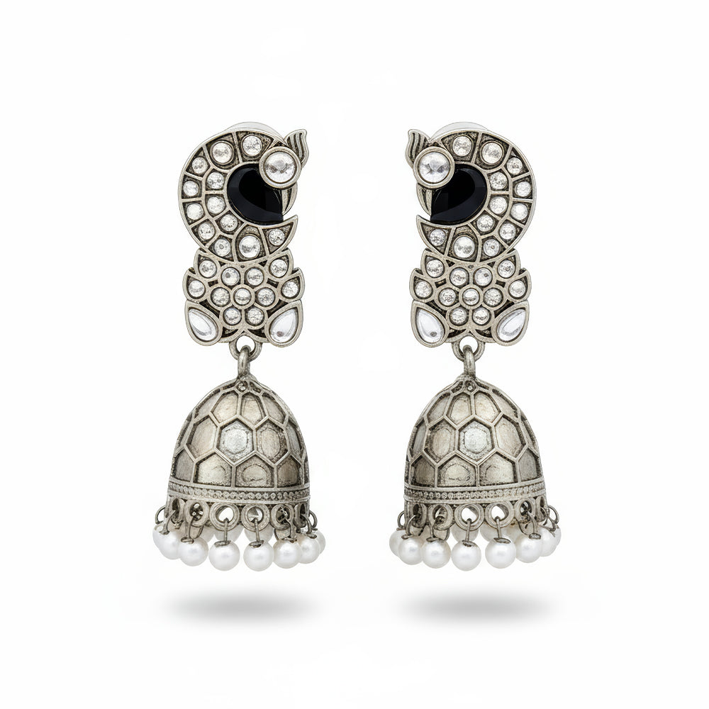 JS Fashion Clustered Pearl Fancy Oxidised Silver Jhumka Earrings for Women & Girls - Distacart