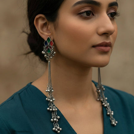 JS Fashion Oxidized Silver Long Multicolor Ghungroo Earrings for Women & Girls