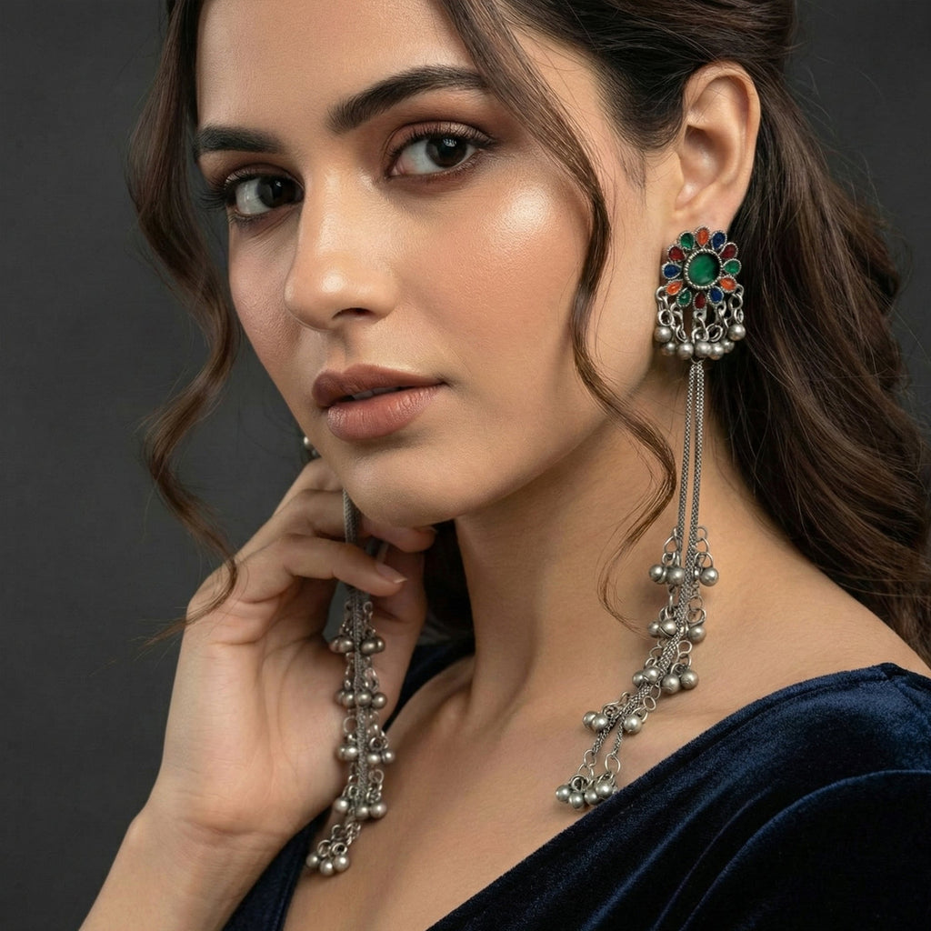 JS Fashion Boho Oxidized Long Earrings with Color Stones for Women & Girls - Distacart