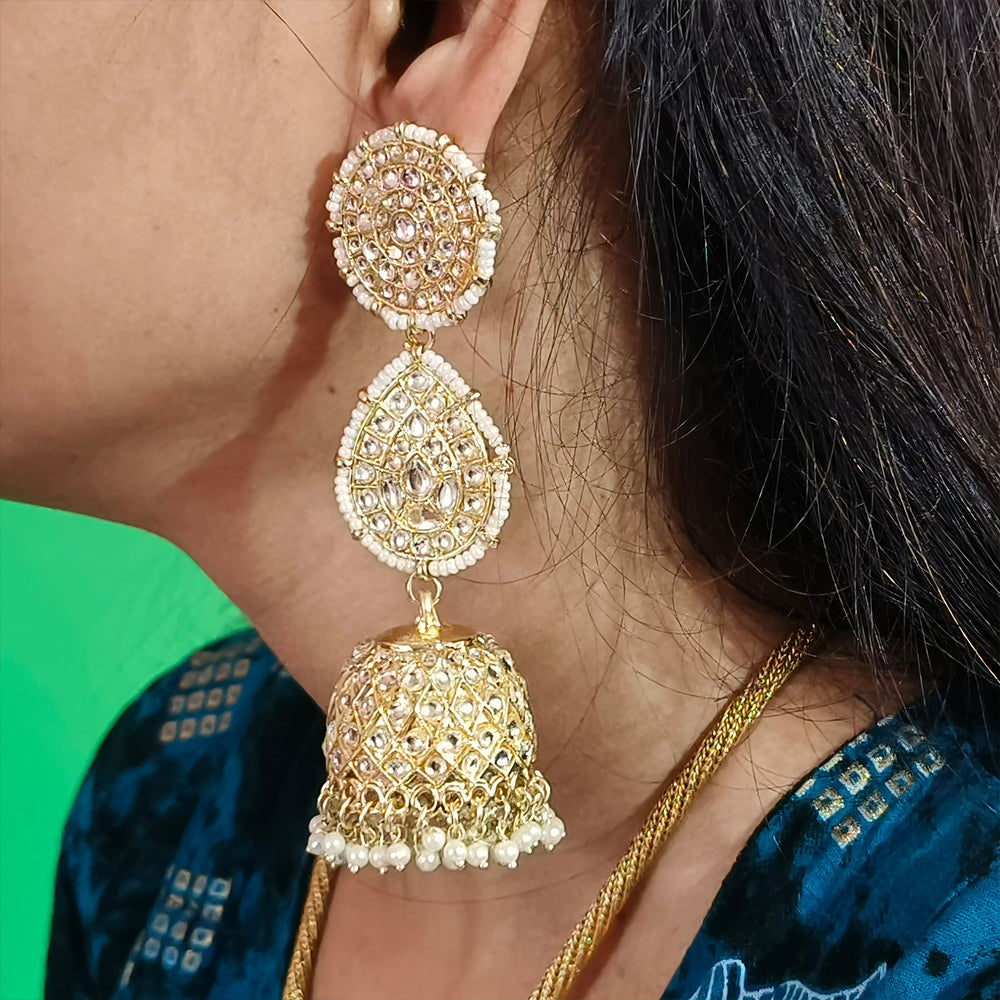 JS Fashion Antique High Gold Earrings with Clustered Pearls & Full Stones – Elegant Party Wear Jewelry for Women - Distacart