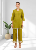 Joban Fashion Green Cotton, Linen Embroidered Readymade Cord Set - Distacart