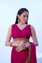 Pink Satin Chiffon Solid Designer & Lace Work Saree - Samaa