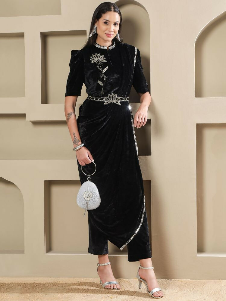 Joban Fashion Women Black Velvet Hand Embellishment Stitched Kurta Set - Distacart