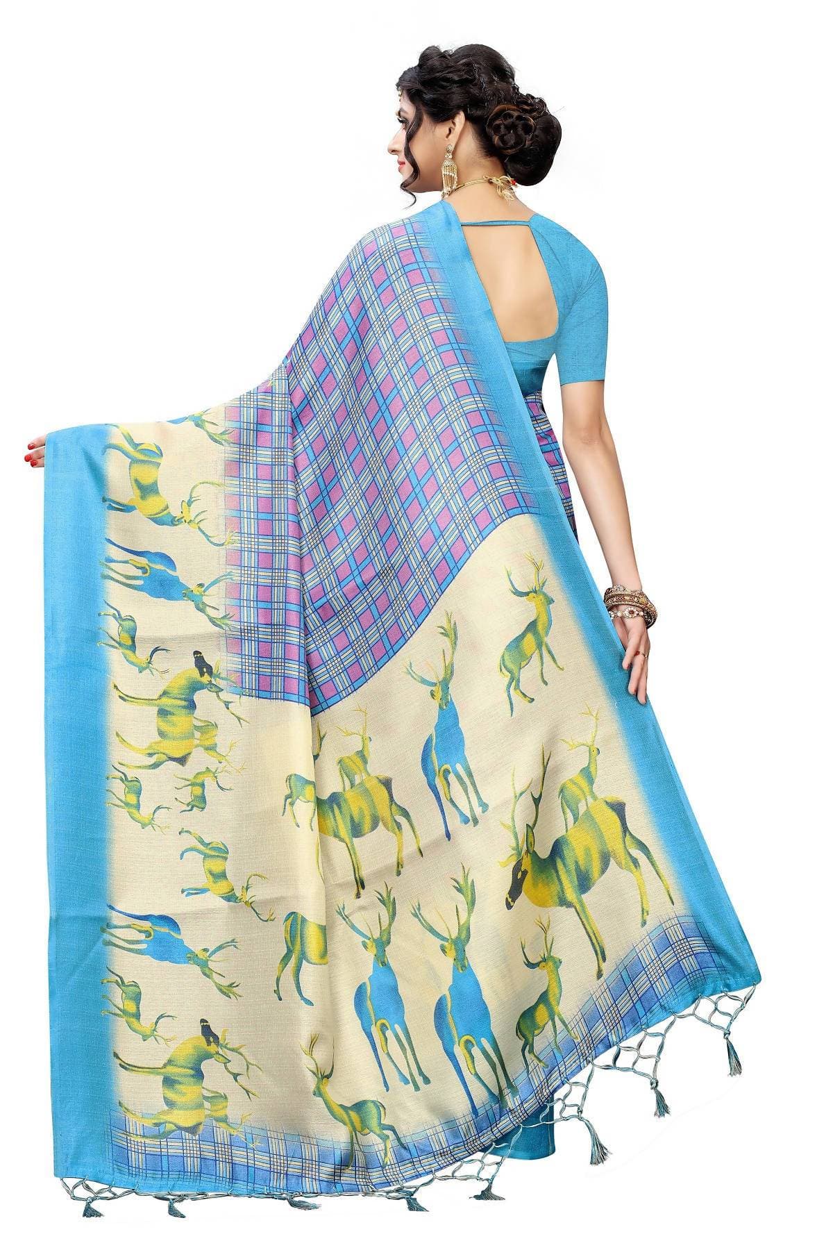 Vamika Multicolor & Sky Blue Kalamkari With Jhalar Khadi Silk Saree