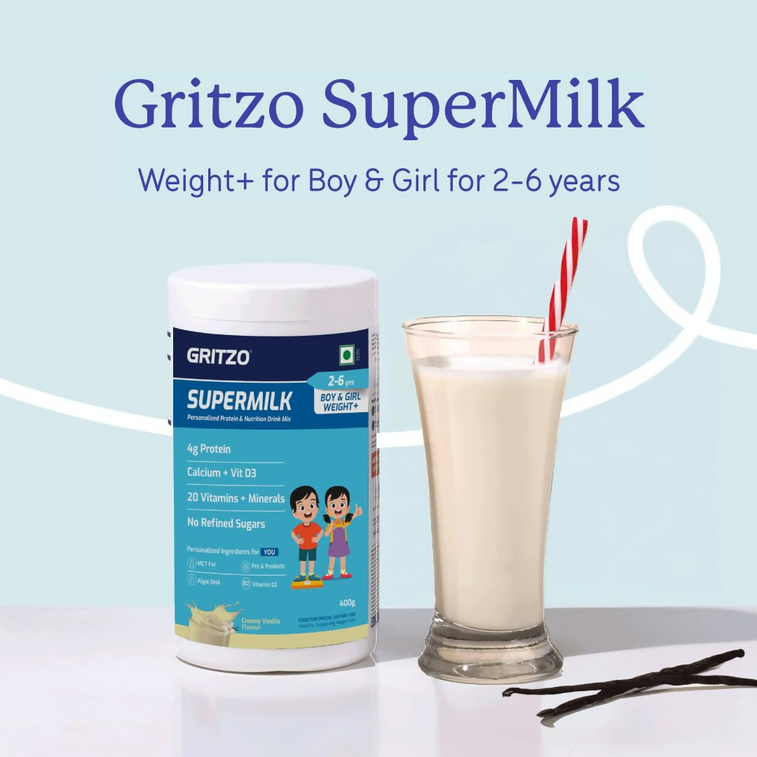 Gritzo SuperMilk Weight+ (2-6y Boy & Girl), 4g Protein Powder - Creamy Vanilla - Distacart