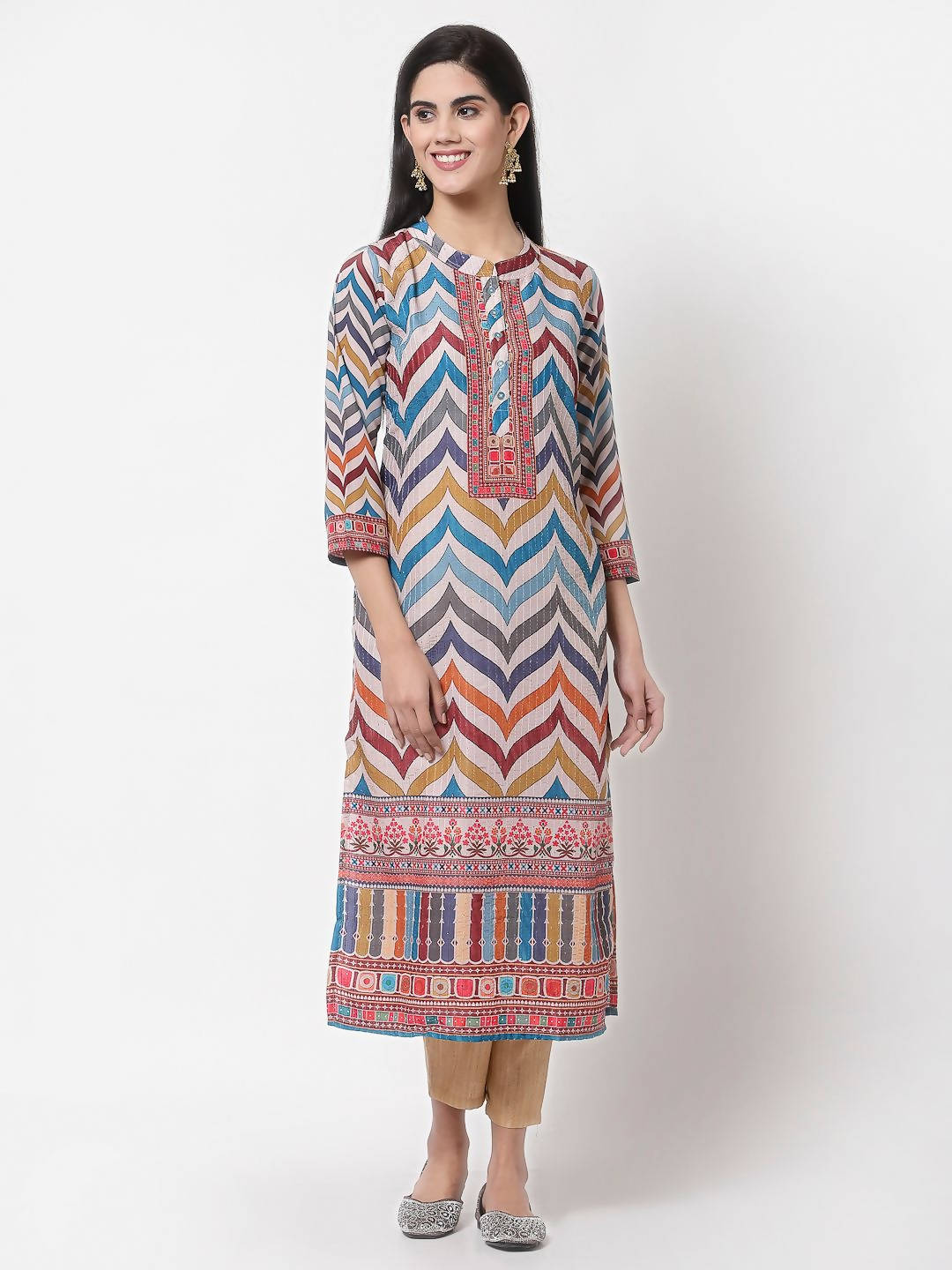 Myshka Multi Silk Printed 3/4 Sleeve Round Neck Casual Kurta