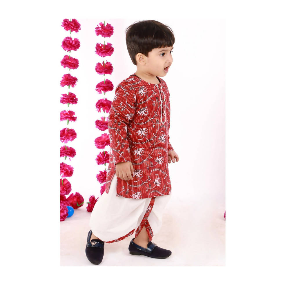 Little Bansi Boys Brown and White Color Bengali Kantha work floral kurta & Dhoti