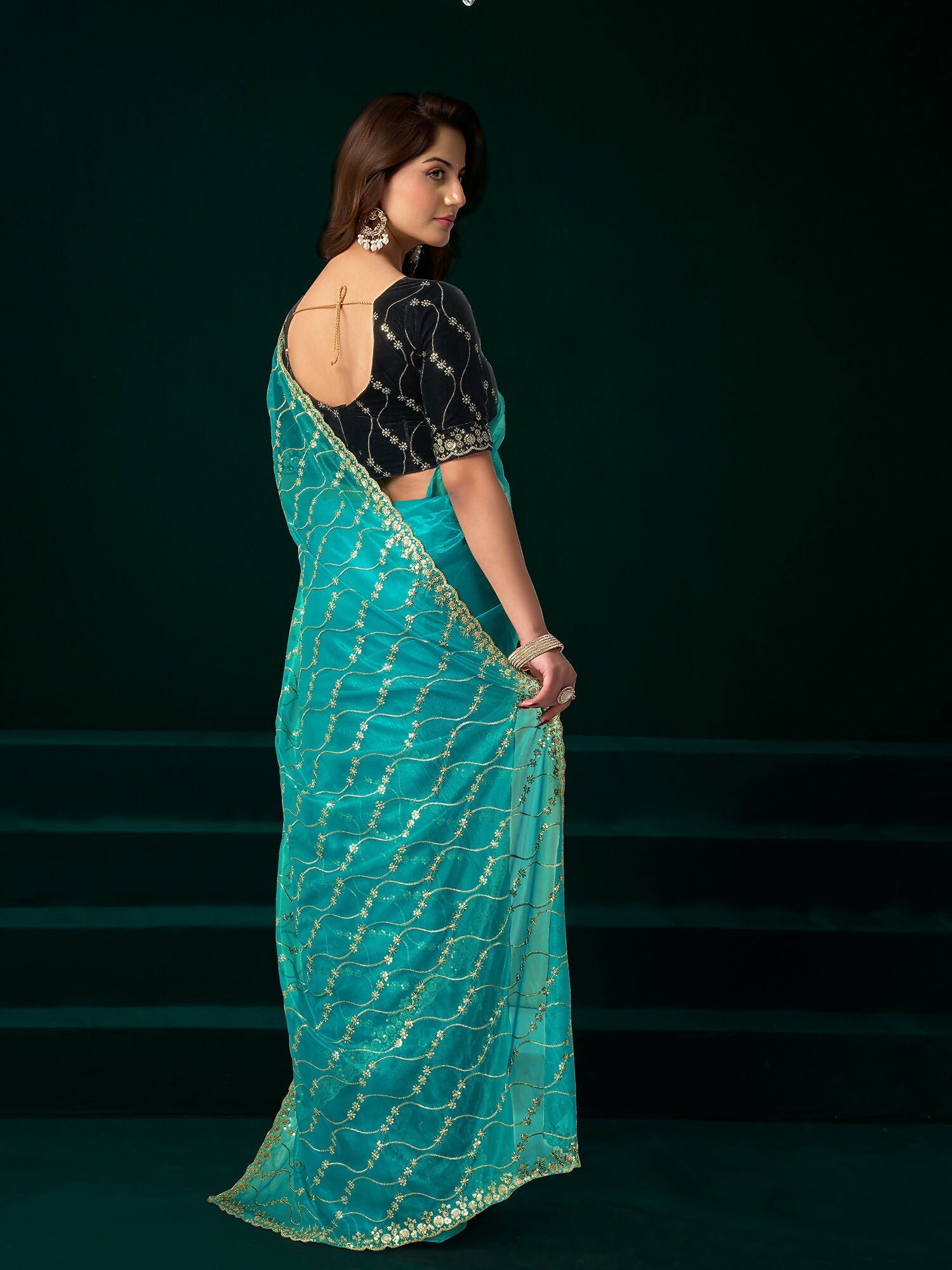 Joban Fashion Turquoise Net Party Wear Sarees - Distacart