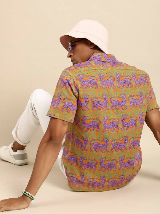 Orange Relaxed Opaque Printed Casual Resort Shirt - Mahotsav