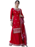 The52 Red Women's Gorgeous Embroidered Vichitra Silk Fabric Straight Kurta, Sharara and Dupatta Set - Distacart