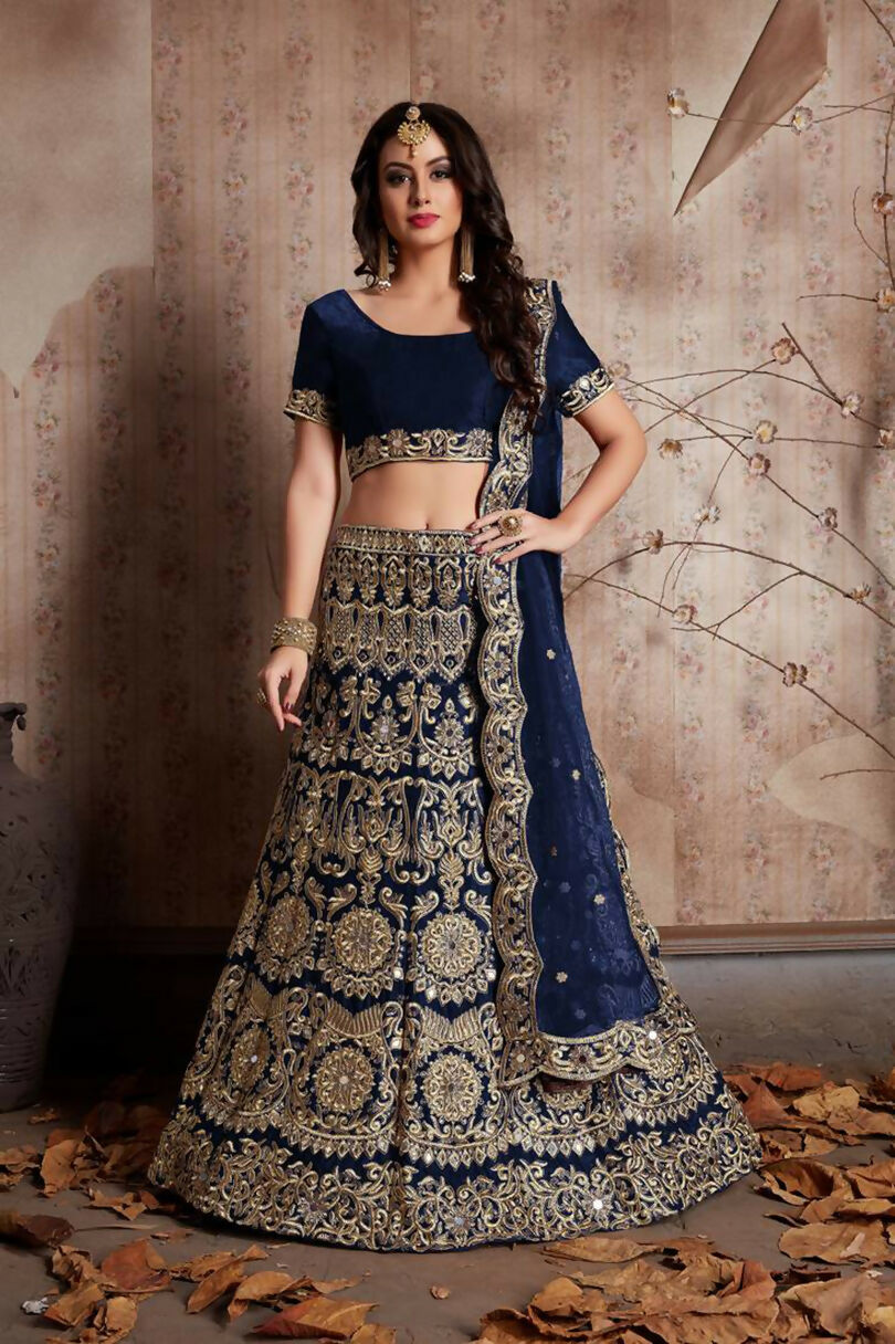 Jyoti Fashion Mesmerizing Navy Blue Sequins Embroidered Velvet Lehenga Choli with Dupatta