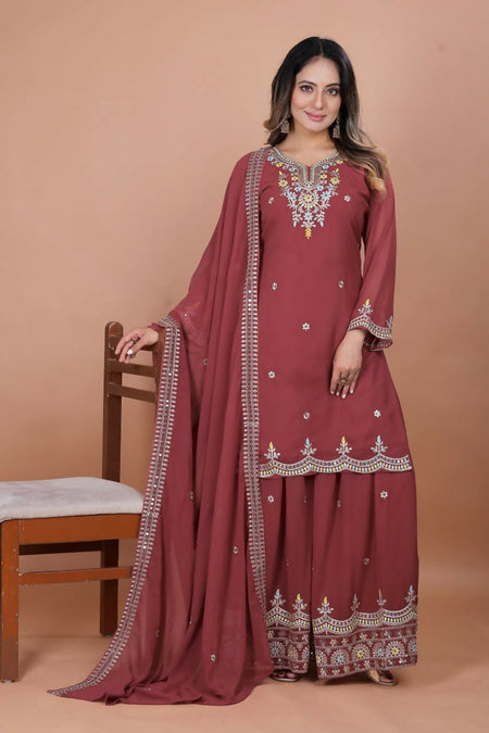 Teeya Creation Brown Color Faux Georgette Embroidery Work Wedding Wear Palazzo Set