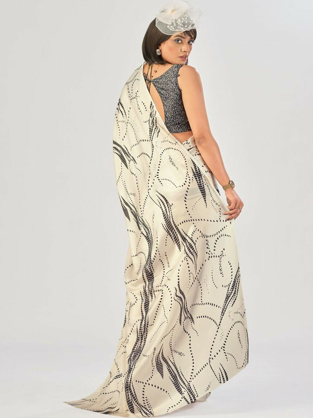Vastranavya Off White Satin Silk Elegant Printed Saree with Unstitched Blouse - Distacart