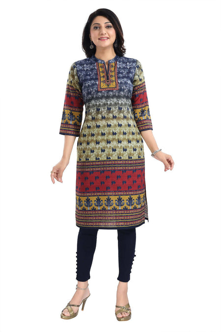 Snehal Creations Multicolored Designer Digital Print Cotton Slub Fabric Long Kurti Tunic