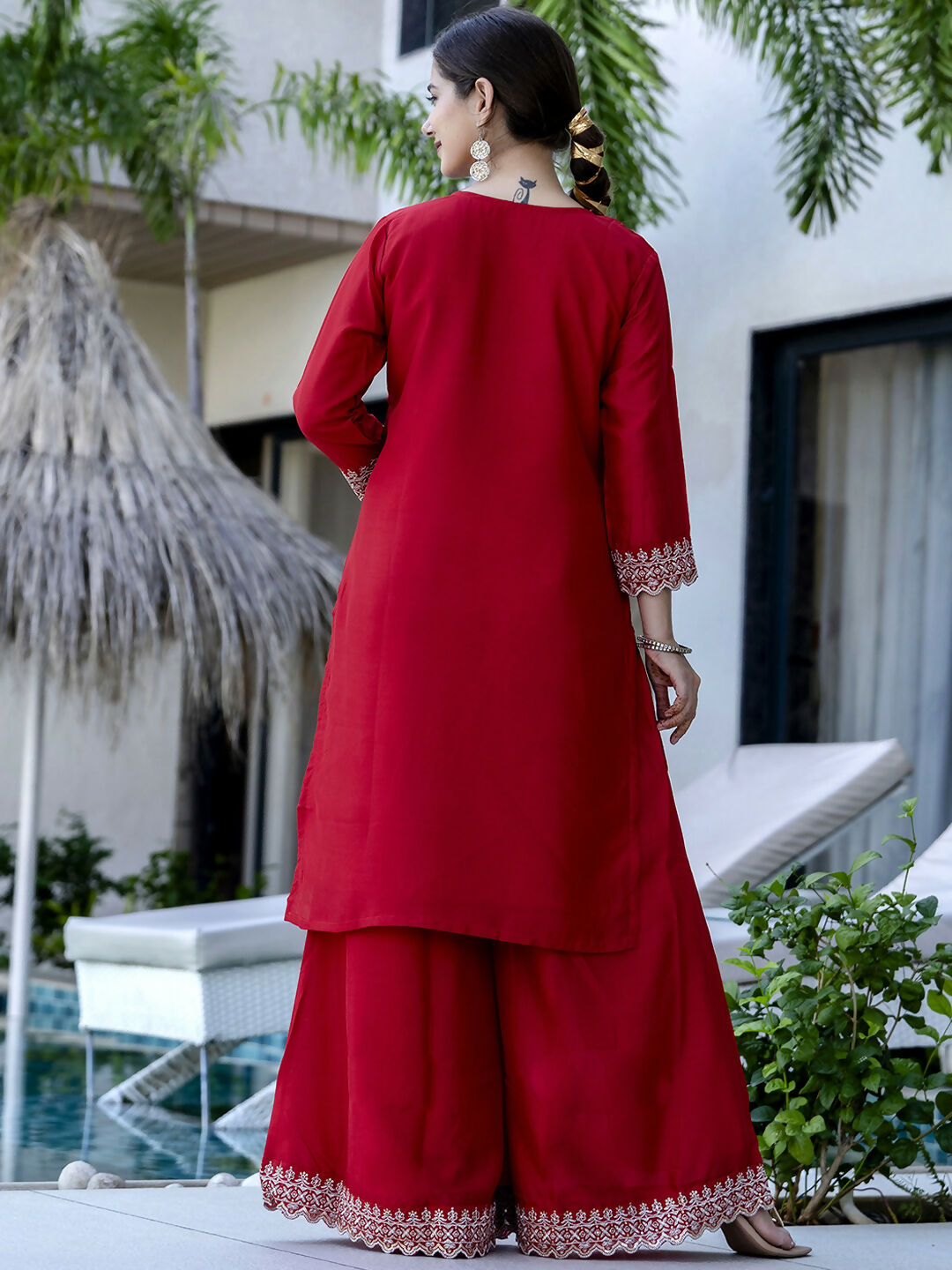 The52 Red Women's Gorgeous Embroidered Vichitra Silk Fabric Straight Kurta, Sharara and Dupatta Set - Distacart