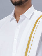Ramraj Cotton Premium Wedding White Readymade Dhoti, Shirt & Towel Set Dhanvanthri