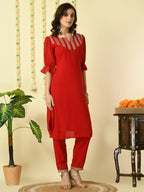 Myshka Women's Red Georgette Kurta With Trousers Party Sets