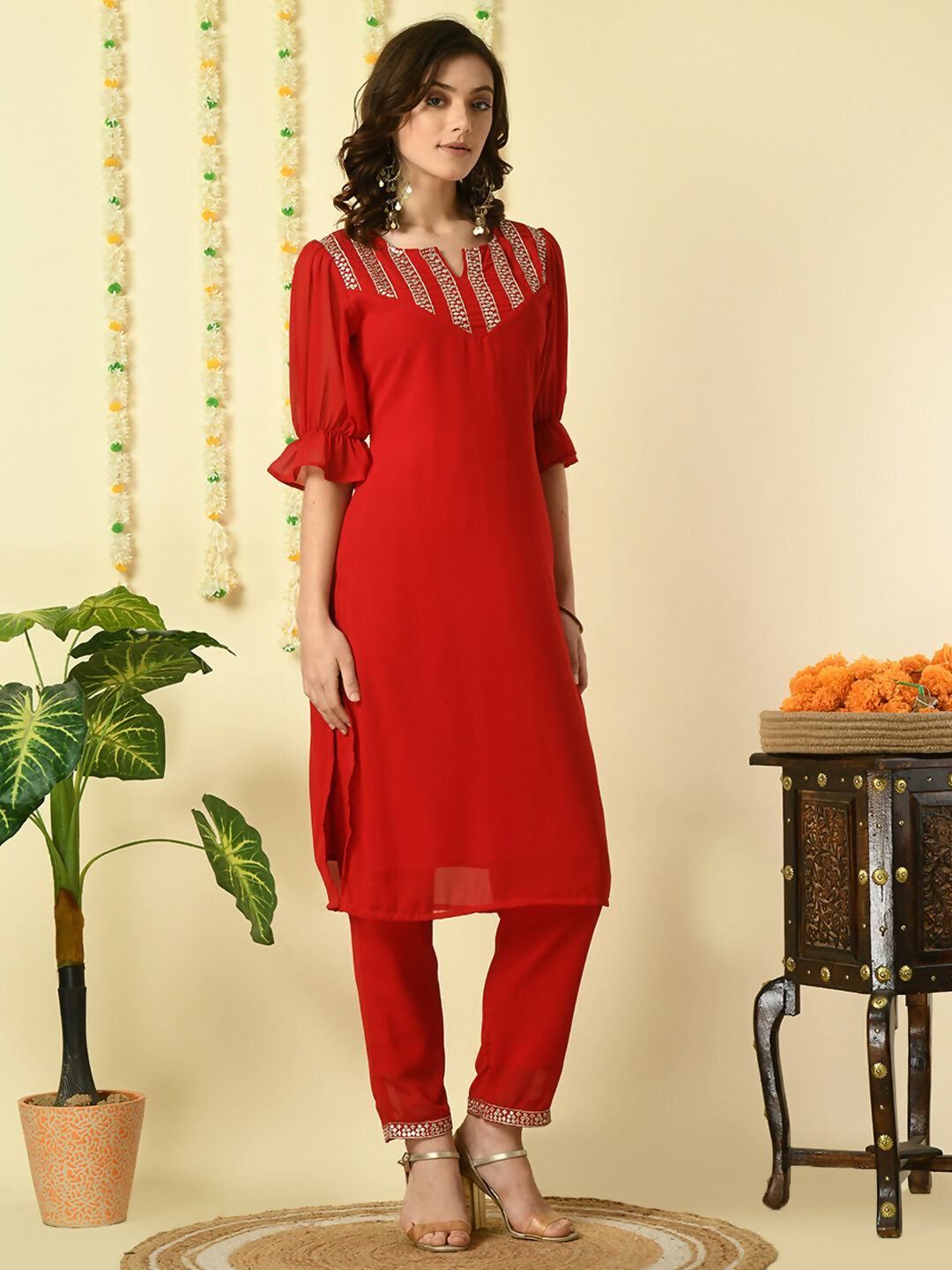 Myshka Women's Red Georgette Kurta With Trousers Party Sets