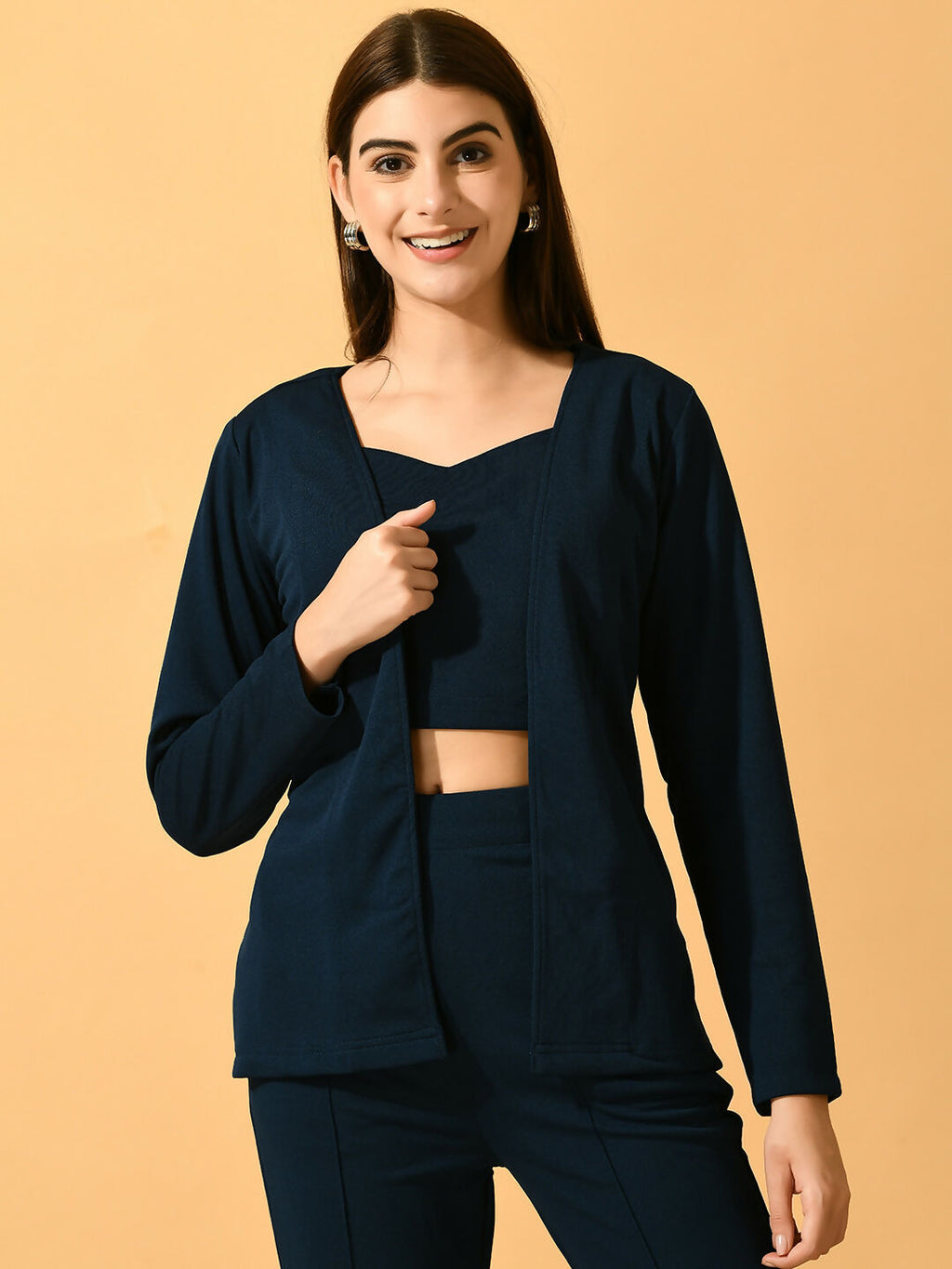 Myshka Women's Navy Blue Solid Coat With Trousers