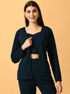 Myshka Women's Navy Blue Solid Coat With Trousers