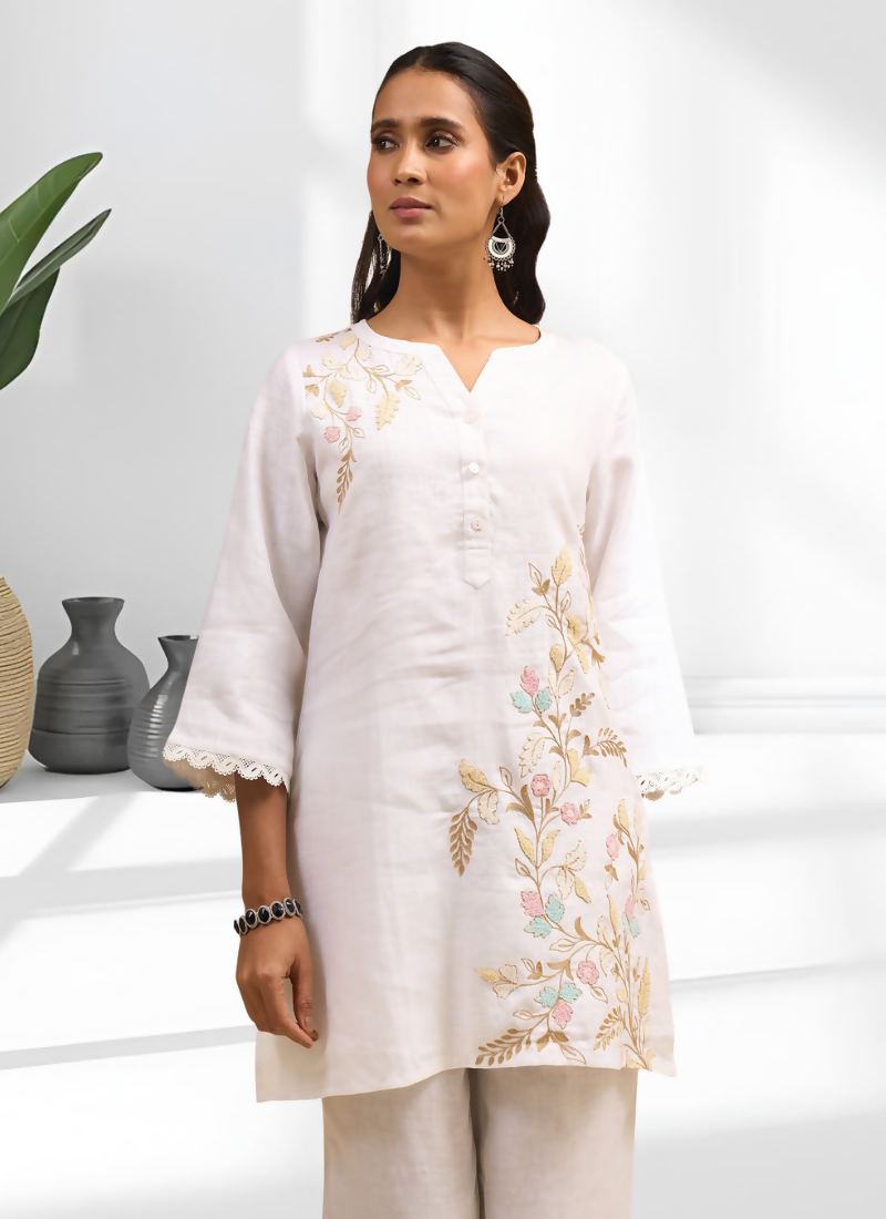 Joban Fashion Off White Linen Embroidered Readymade Cord Set - Distacart