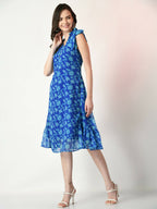 Myshka Women's Blue Fit and Flare Printed Dress - Distacart