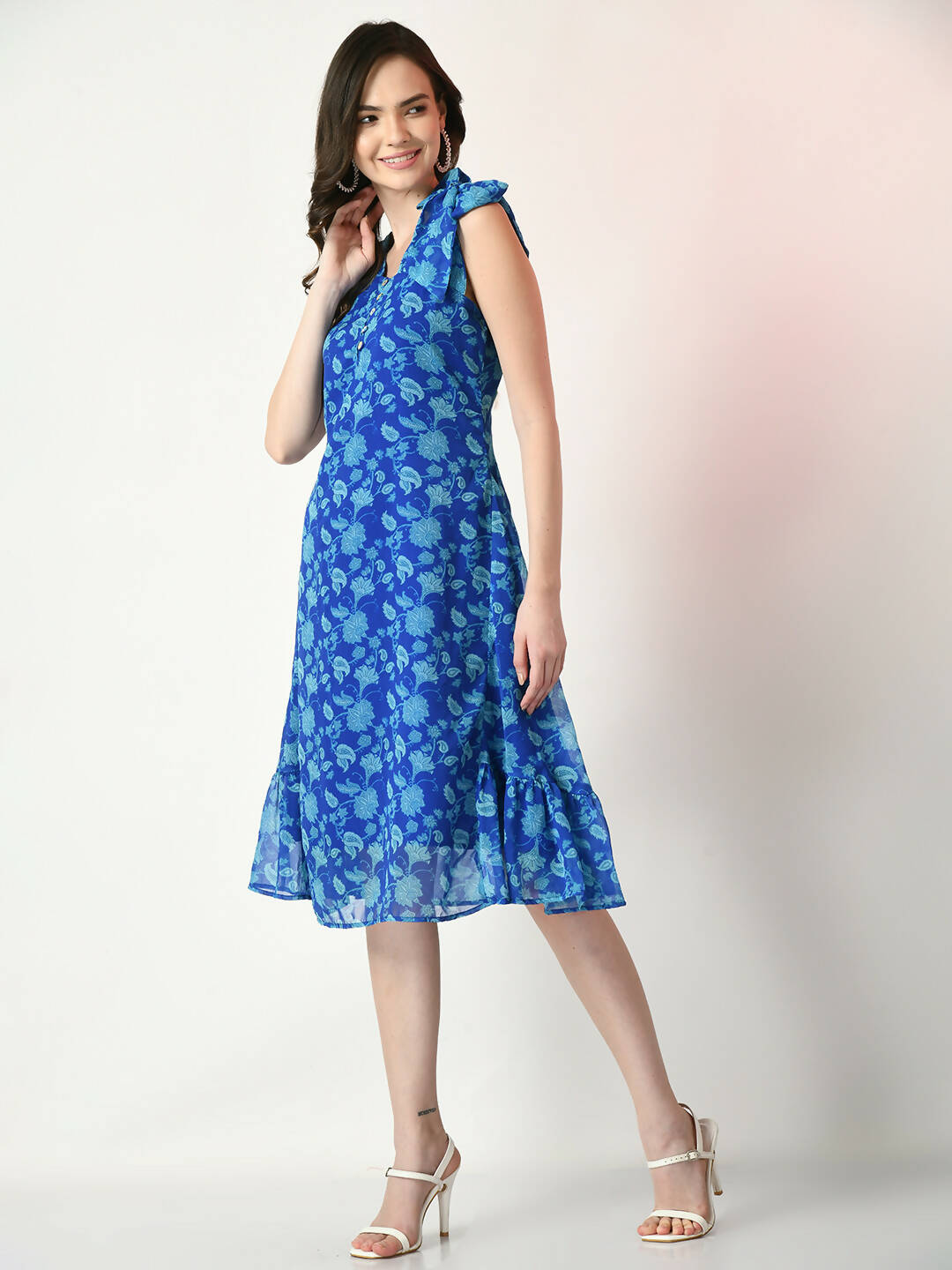 Myshka Women's Blue Fit and Flare Printed Dress - Distacart