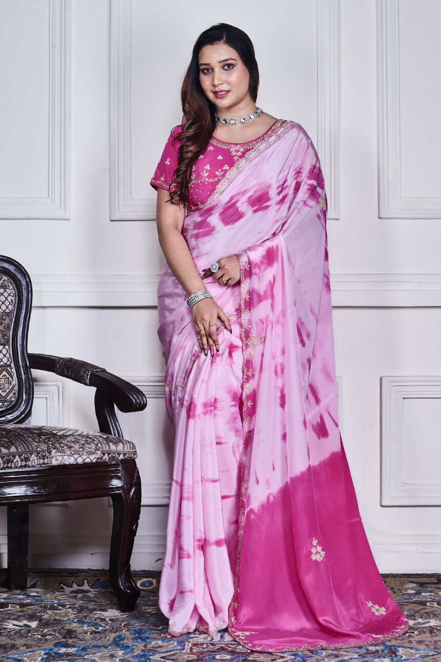 Morchari Pink Crepe Hand Embroidery Saree And Stitched Blouse - Distacart