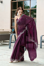 Vastranavya Wine Embroidery Work Shimmer Chiffon Saree with Unstitched Blouse - Distacart