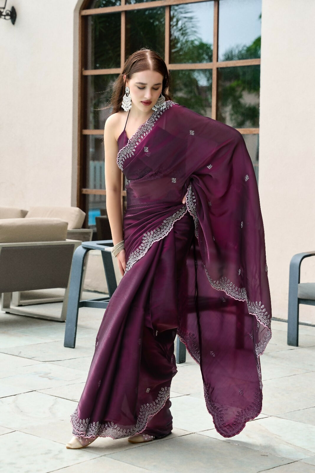 Vastranavya Wine Embroidery Work Shimmer Chiffon Saree with Unstitched Blouse - Distacart