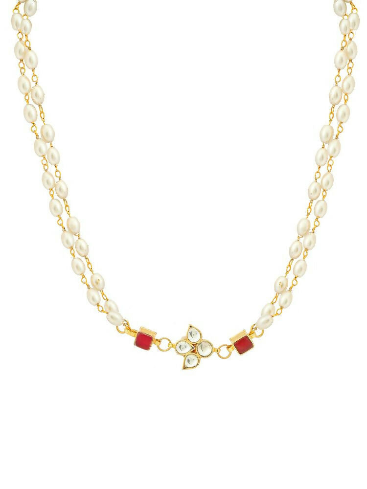 White and Red Beaded Gold Plated Flower Kundan Necklace - Ruby Raang