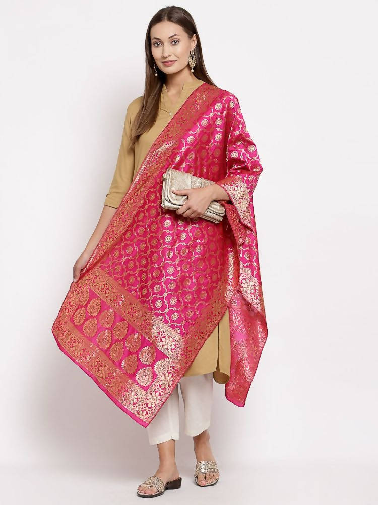 Myshka Women's Pink Silk Print Casual Dupatta