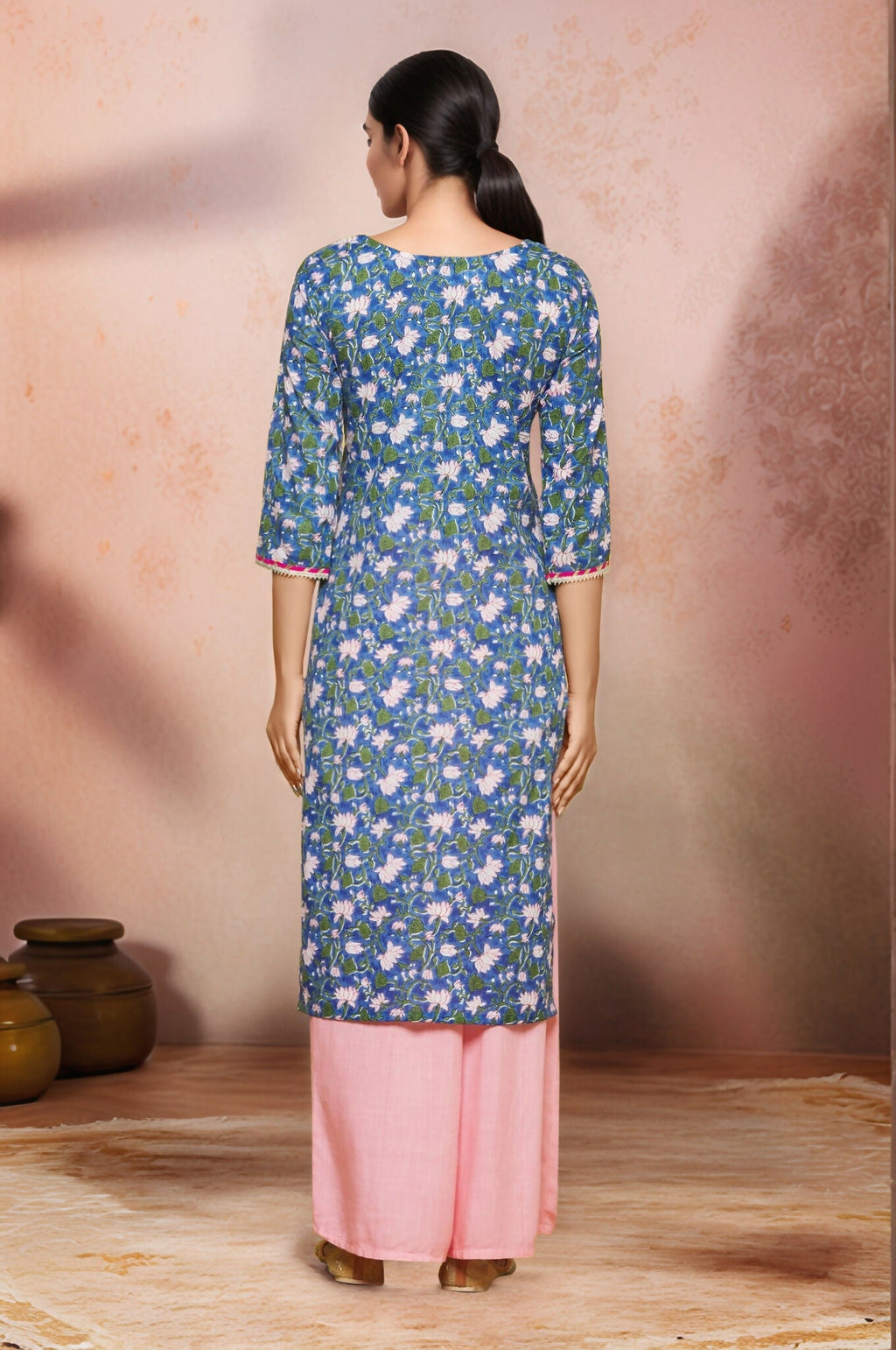 Joban Fashion Blue Flower Printed Cotton Kurti With Lace Work In Neck