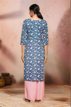 Joban Fashion Blue Flower Printed Cotton Kurti With Lace Work In Neck