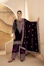 Joban Fashion Wine Velvet Sequence Embroidery Work Kurta Set - Distacart