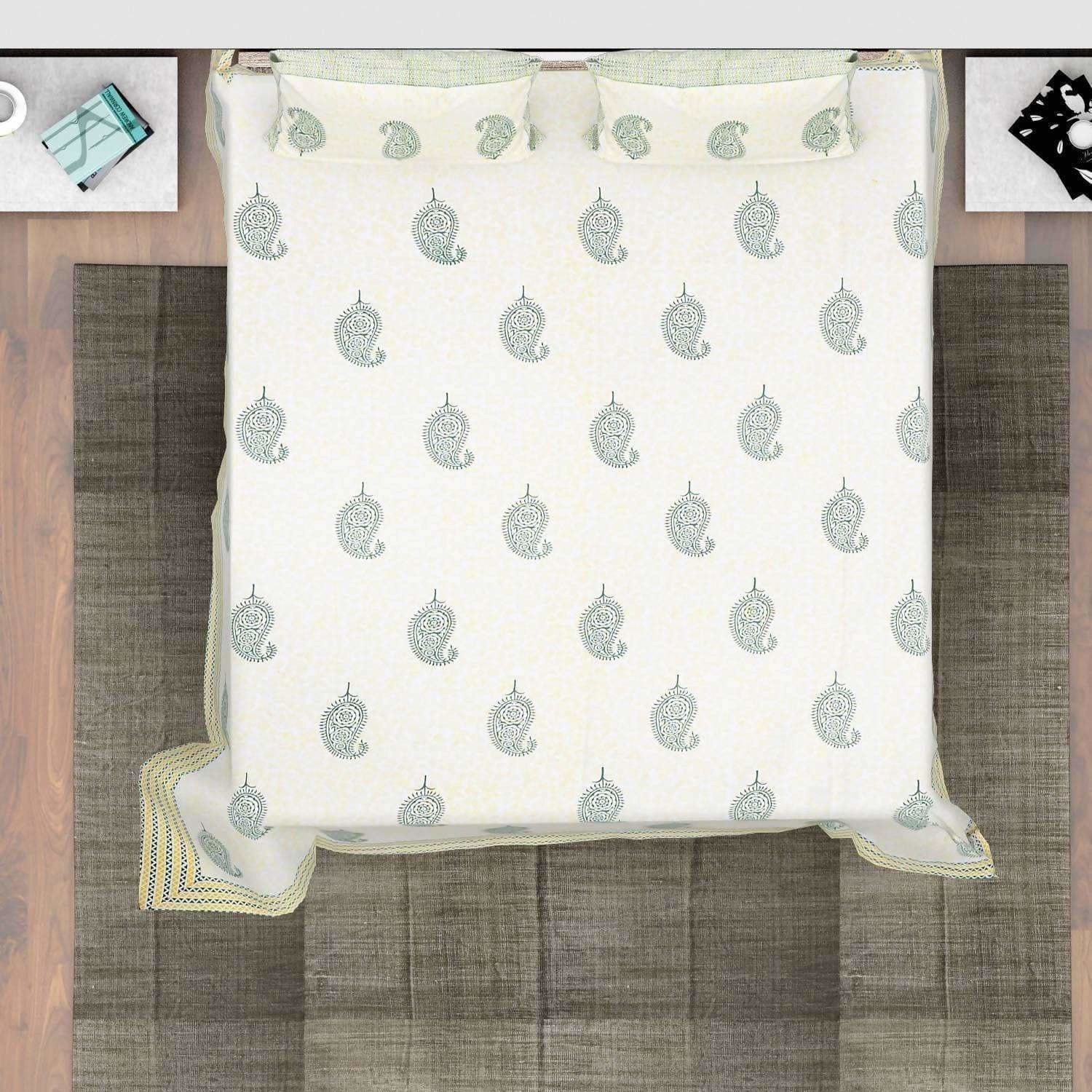 Hand Block Printed Double/Queen 230x270 Cms Bedsheet with 2 Pillow Covers