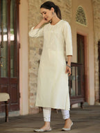 Juniper Women's Offwhite Cotton Flex Embroidered Straight Kurta - Distacart