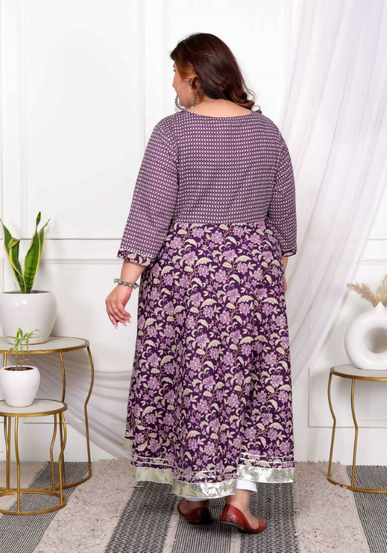 Miravan Women's Plus Size Purple cotton Floral Gota Lace Work Anarkali Kurta