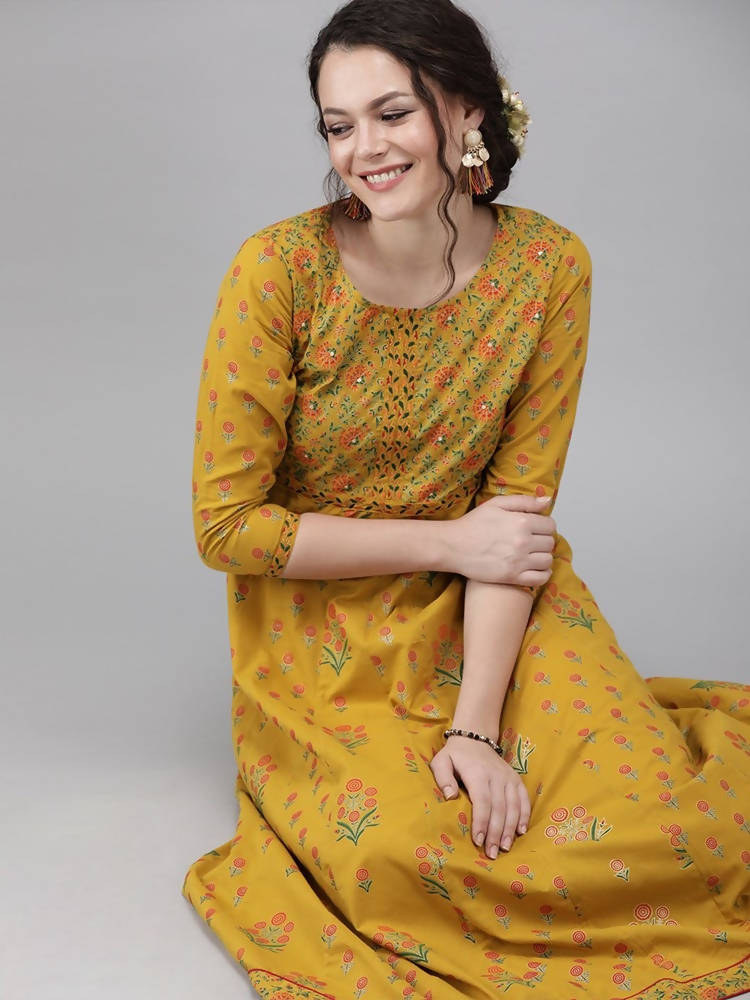 Yufta Women Mustard Yellow & Green Printed A-Line Panelled Kurta