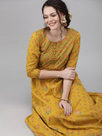 Yufta Women Mustard Yellow & Green Printed A-Line Panelled Kurta