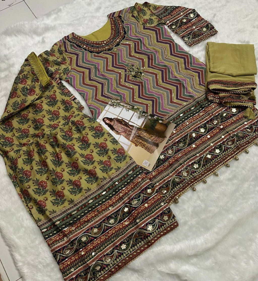 Anaita Yellow Heavy Crepe Silk Ready Made Suit with Multi Digital Printed & Aari Work - Distacart