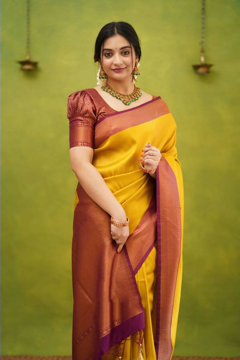 DEIANA'S Beautiful Designer Golden zari Soft Lichi Silk Saree - Yellow