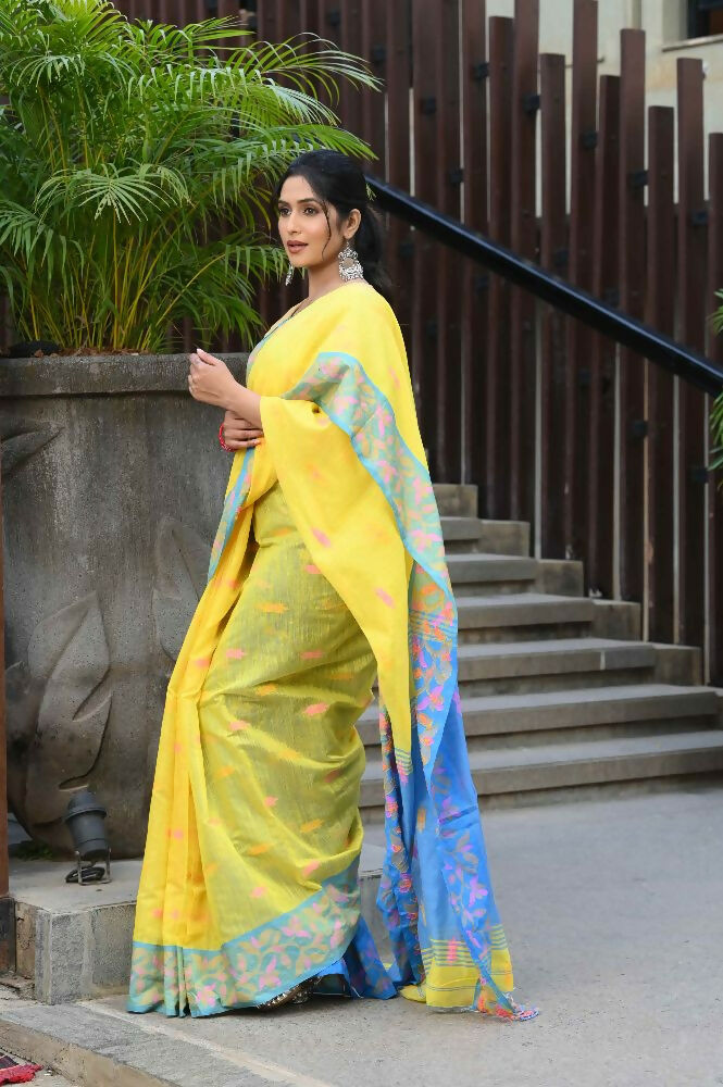 Beatitude Yellow Slub Cotton Floral Jamdani Saree