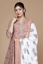 Miravan Women's Surpassing Orange Partywear Floral Printed Anarkali Kurta Dupatta 