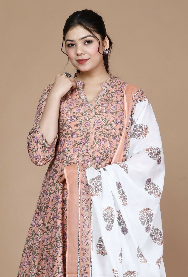 Miravan Women's Surpassing Orange Partywear Floral Printed Anarkali Kurta Dupatta 