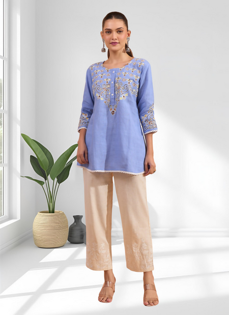 Joban Fashion Sky Blue Cotton, Linen Embroidered Readymade Tunic