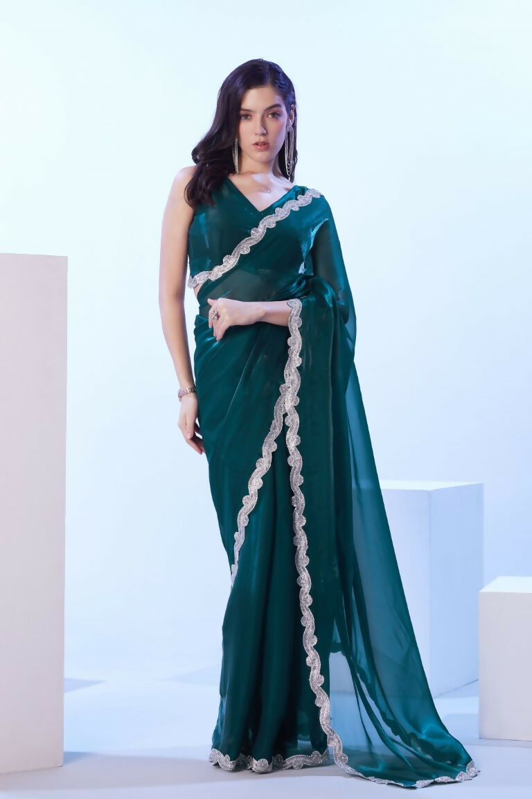 Teal Blue Satin Jimmy Choo Solid Designer & Lace Work Saree - Samaa